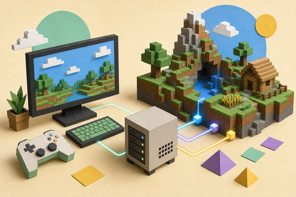 Concept illustration of a computer, server and controller connected to a block-based game world