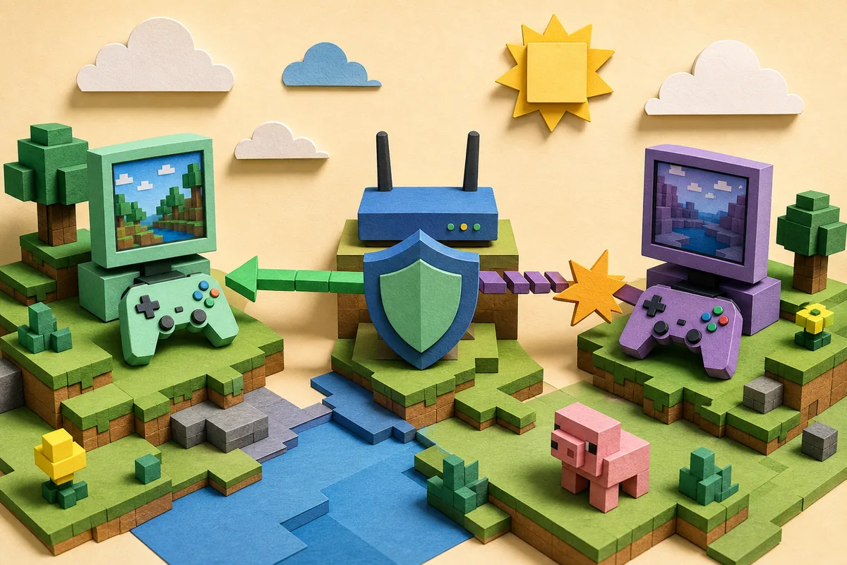 Concept illustration of two game computers, a router, shield and interrupted network path