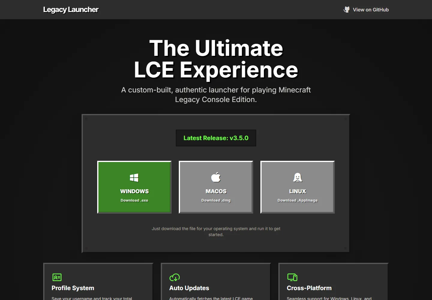 Official Legacy Launcher project page showing version 3.5.0 and platform downloads
