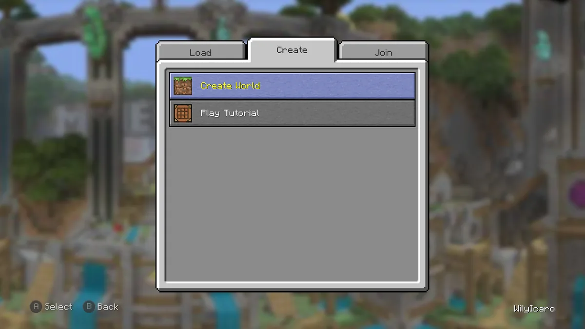 Official Legacy4J Play Game screen with Load Create and Join tabs