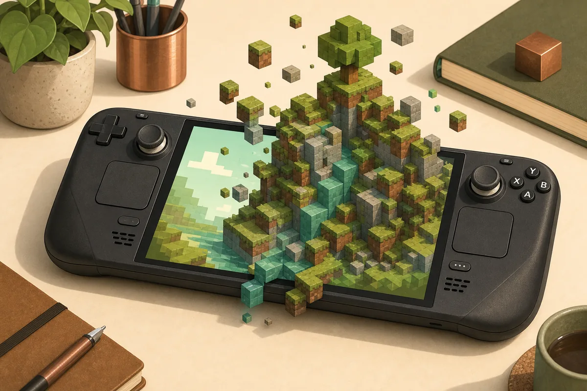 Editorial illustration of a handheld gaming PC showing a block-built world for a Legacy Launcher Steam Deck guide